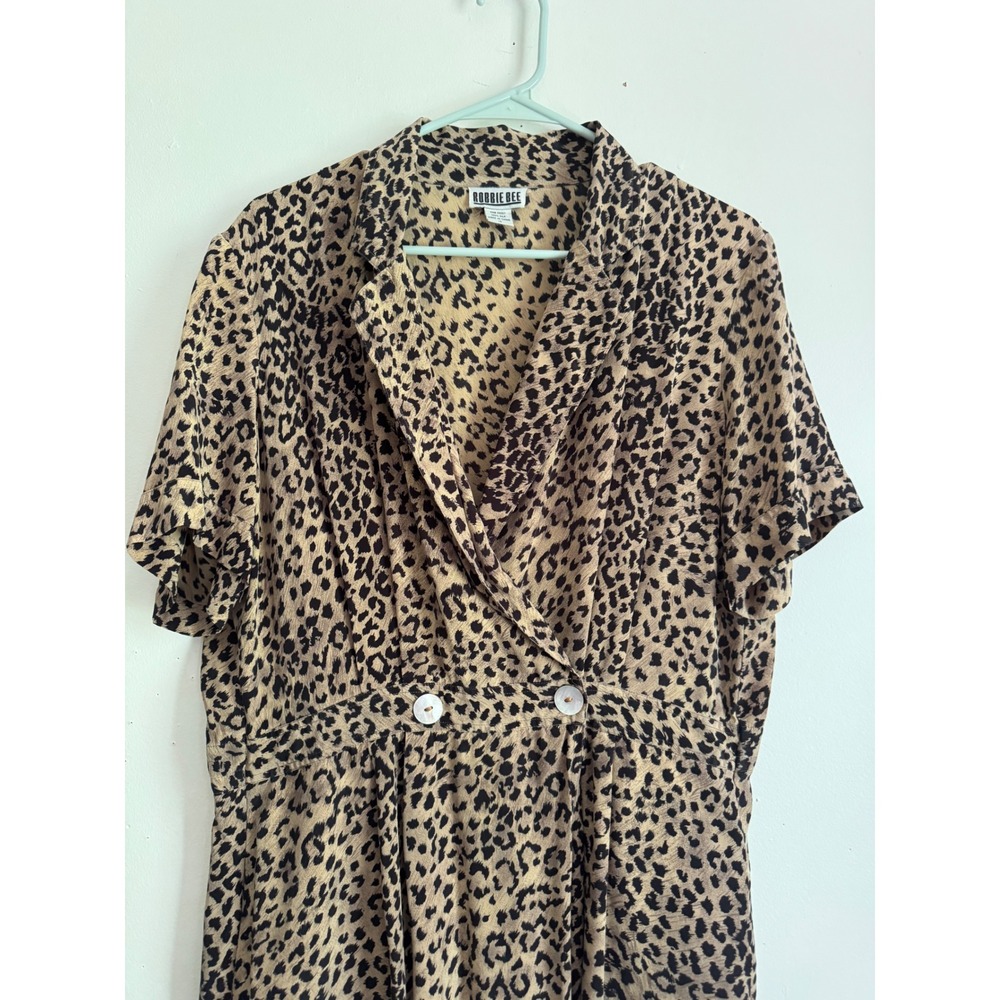 Vintage Robbie Bee 100% Silk Leopard Print Midi Dress Brown Tan Wrap Size 14
